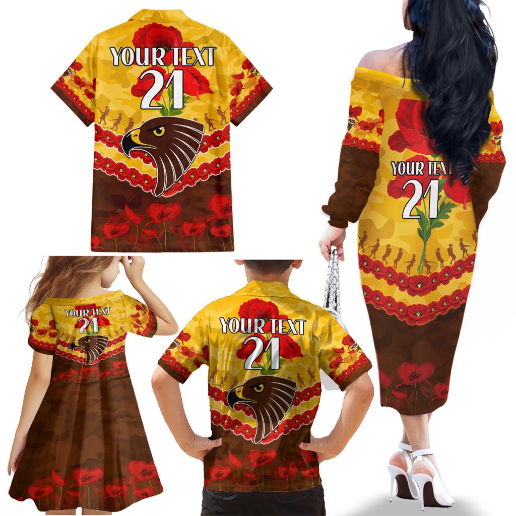 Custom Hawks Football Family Matching Off The Shoulder Long Sleeve Dress and Hawaiian Shirt ANZAC Lest We Forget