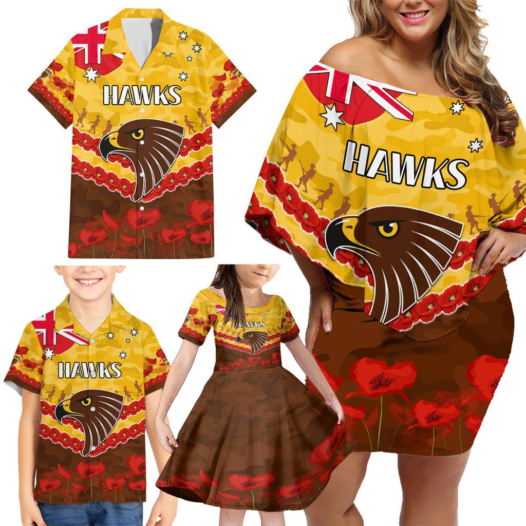 Custom Hawks Football Family Matching Off Shoulder Short Dress and Hawaiian Shirt ANZAC Lest We Forget