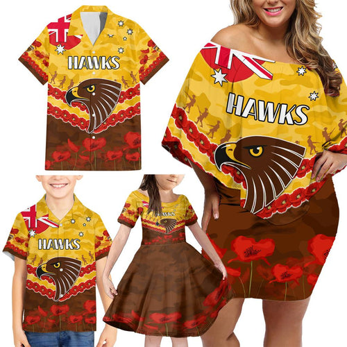 Custom Hawks Football Family Matching Off Shoulder Short Dress and Hawaiian Shirt ANZAC Lest We Forget
