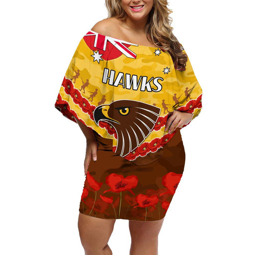 Custom Hawks Football Family Matching Off Shoulder Short Dress and Hawaiian Shirt ANZAC Lest We Forget