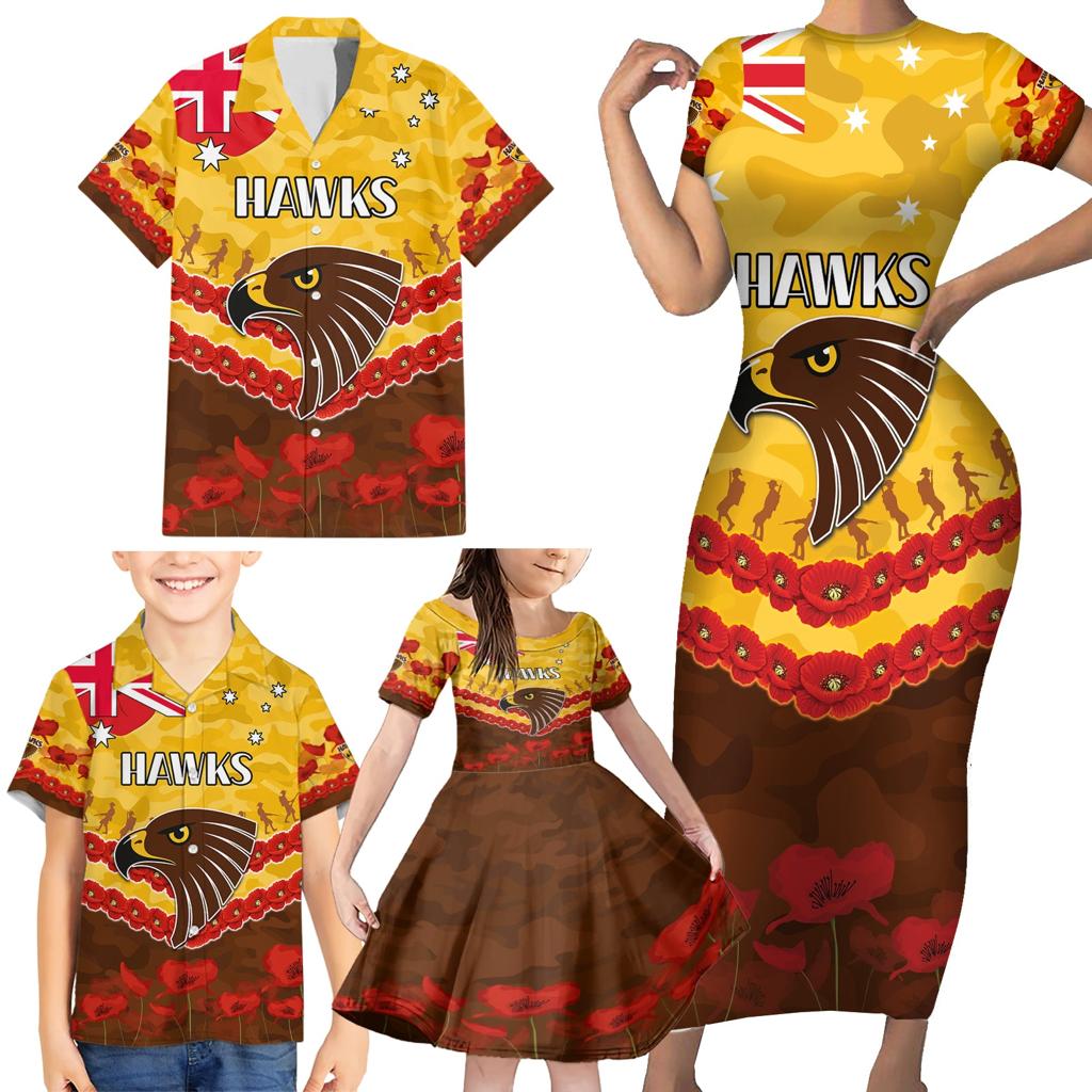 Custom Hawks Football Family Matching Short Sleeve Bodycon Dress and Hawaiian Shirt ANZAC Lest We Forget