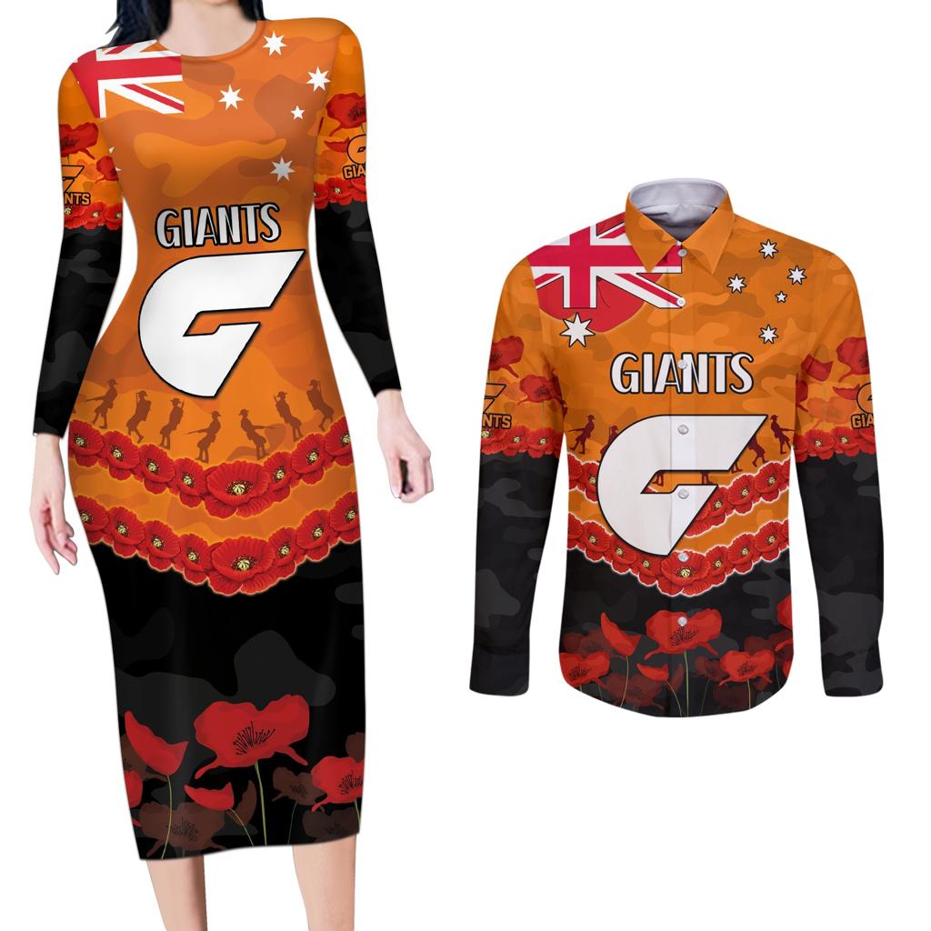 Custom Giants Football Couples Matching Long Sleeve Bodycon Dress and Long Sleeve Button Shirt ANZAC Lest We Forget