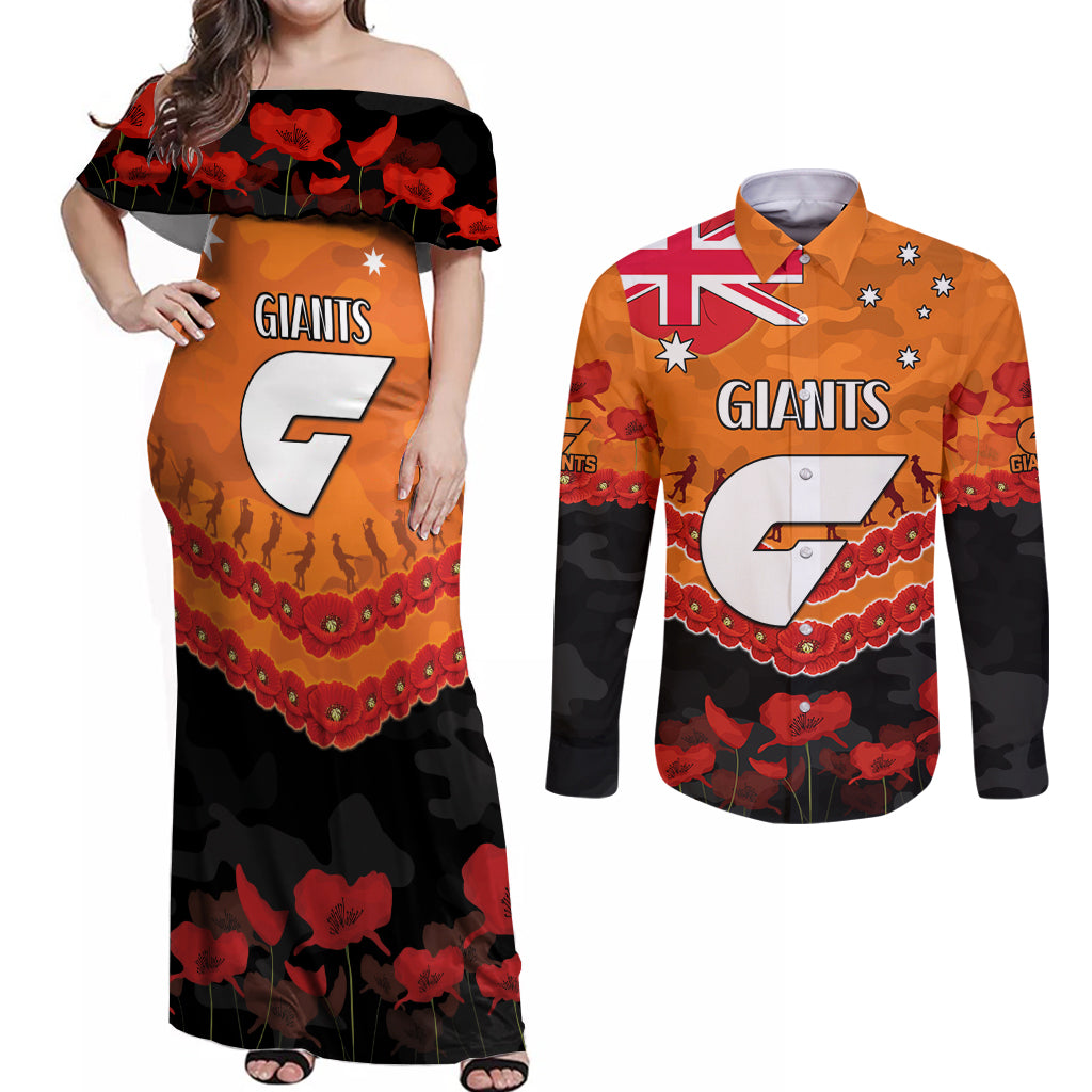 Custom Giants Football Couples Matching Off Shoulder Maxi Dress and Long Sleeve Button Shirt ANZAC Lest We Forget