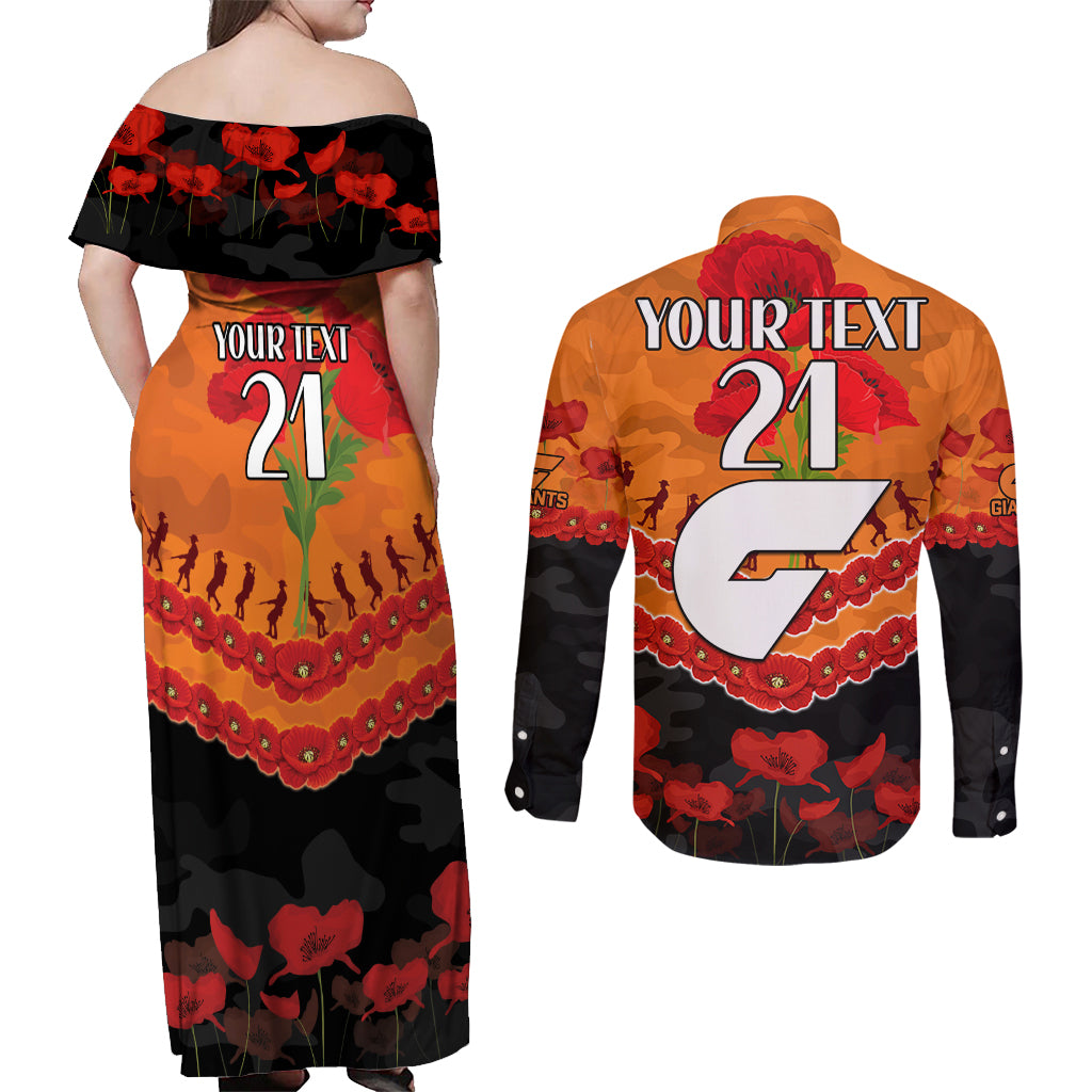 Custom Giants Football Couples Matching Off Shoulder Maxi Dress and Long Sleeve Button Shirt ANZAC Lest We Forget