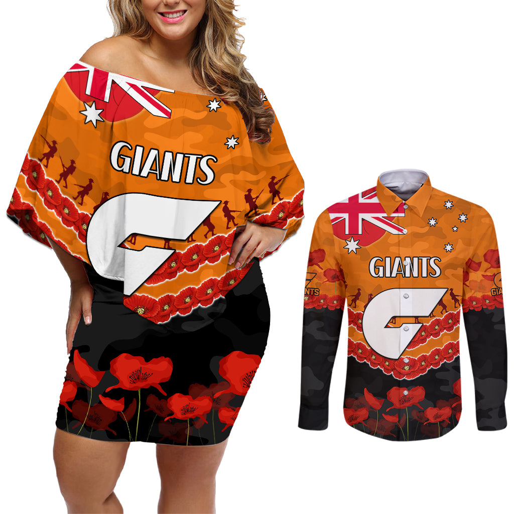 Custom Giants Football Couples Matching Off Shoulder Short Dress and Long Sleeve Button Shirt ANZAC Lest We Forget