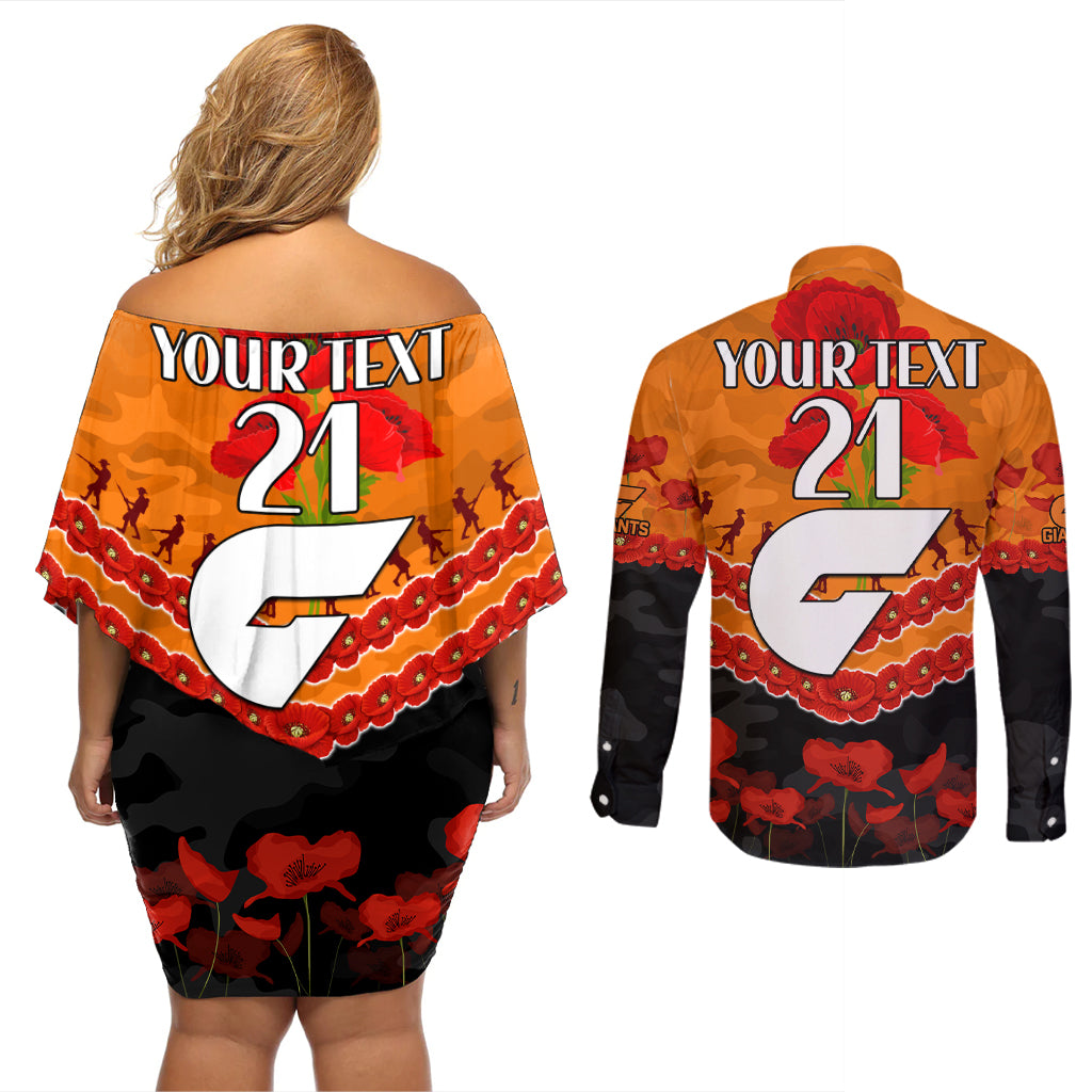 Custom Giants Football Couples Matching Off Shoulder Short Dress and Long Sleeve Button Shirt ANZAC Lest We Forget
