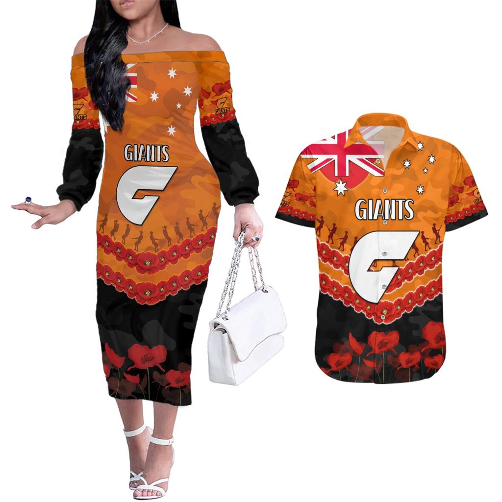 Custom Giants Football Couples Matching Off The Shoulder Long Sleeve Dress and Hawaiian Shirt ANZAC Lest We Forget