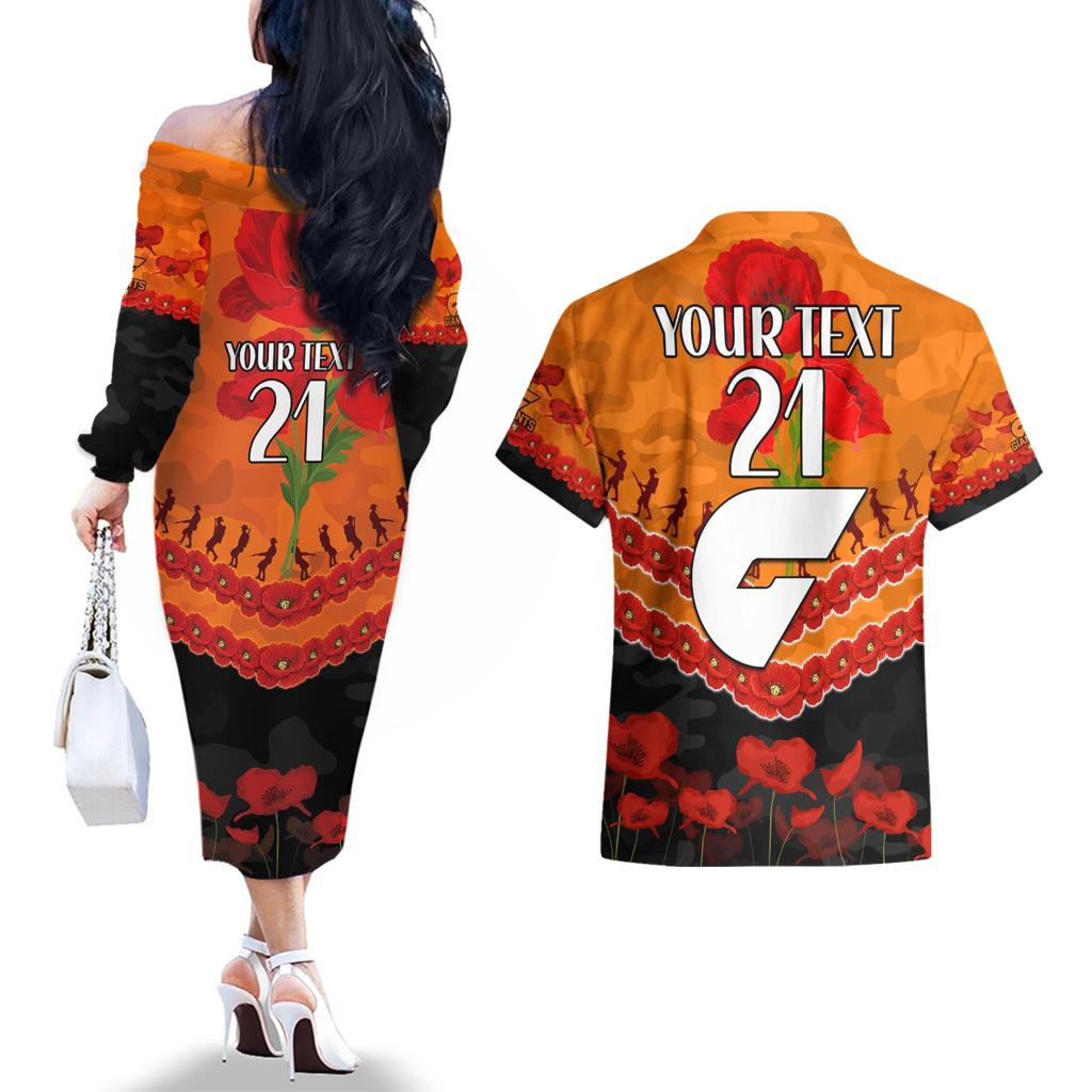 Custom Giants Football Couples Matching Off The Shoulder Long Sleeve Dress and Hawaiian Shirt ANZAC Lest We Forget