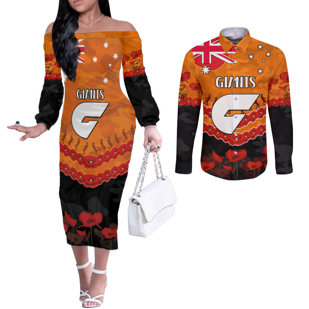 Custom Giants Football Couples Matching Off The Shoulder Long Sleeve Dress and Long Sleeve Button Shirt ANZAC Lest We Forget