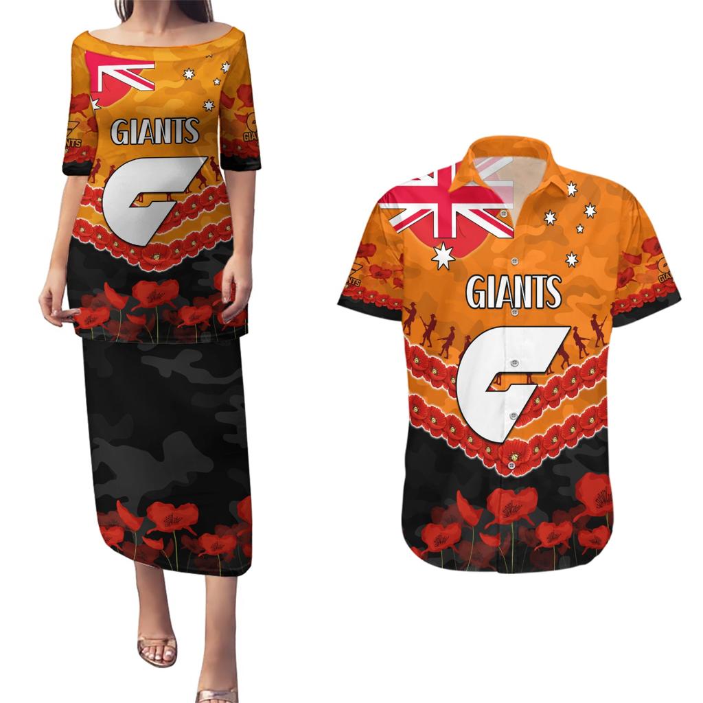 Custom Giants Football Couples Matching Puletasi and Hawaiian Shirt ANZAC Lest We Forget