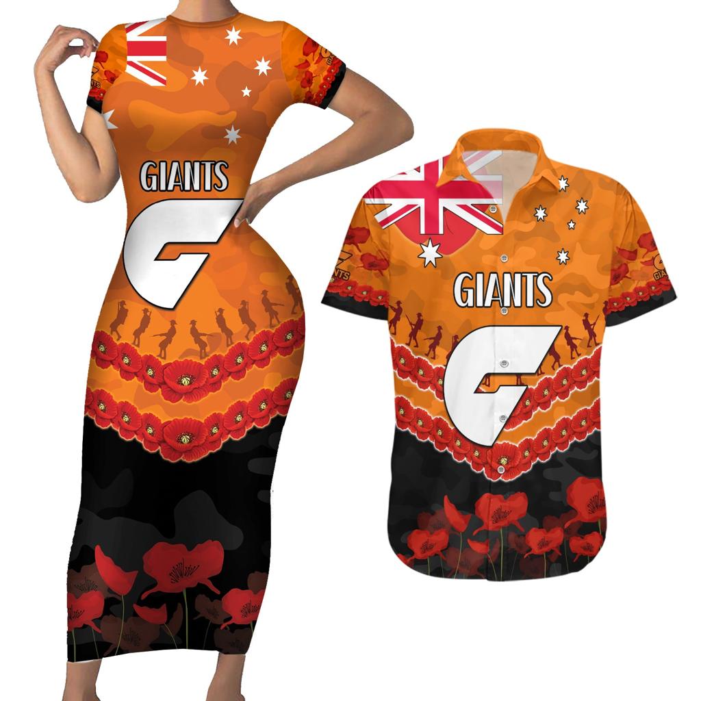 Custom Giants Football Couples Matching Short Sleeve Bodycon Dress and Hawaiian Shirt ANZAC Lest We Forget