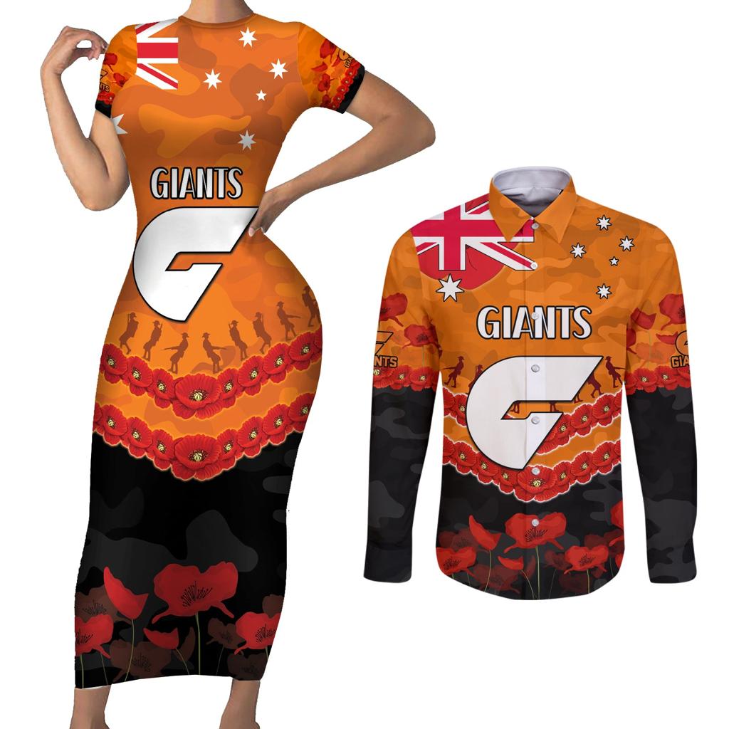 Custom Giants Football Couples Matching Short Sleeve Bodycon Dress and Long Sleeve Button Shirt ANZAC Lest We Forget