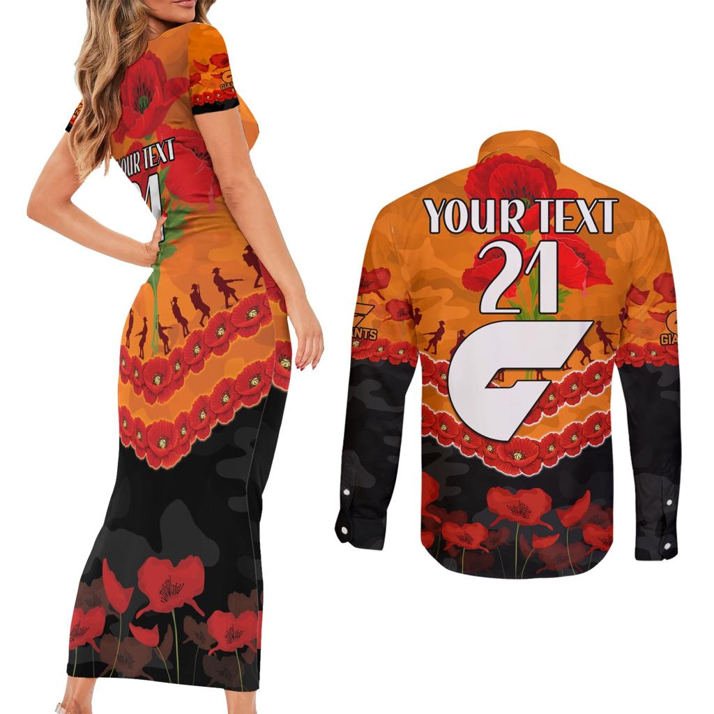 Custom Giants Football Couples Matching Short Sleeve Bodycon Dress and Long Sleeve Button Shirt ANZAC Lest We Forget