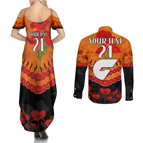 Custom Giants Football Couples Matching Summer Maxi Dress and Long Sleeve Button Shirt ANZAC Lest We Forget