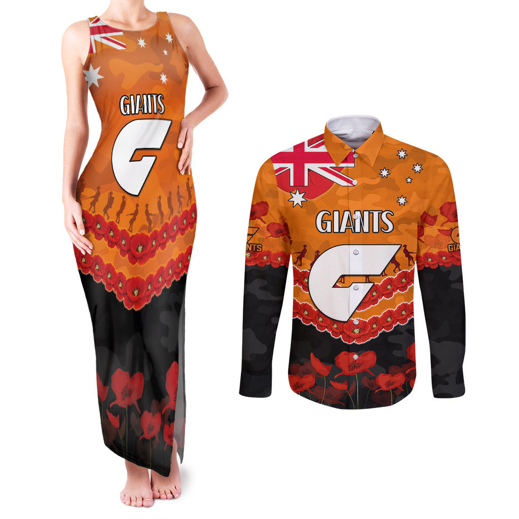 Custom Giants Football Couples Matching Tank Maxi Dress and Long Sleeve Button Shirt ANZAC Lest We Forget
