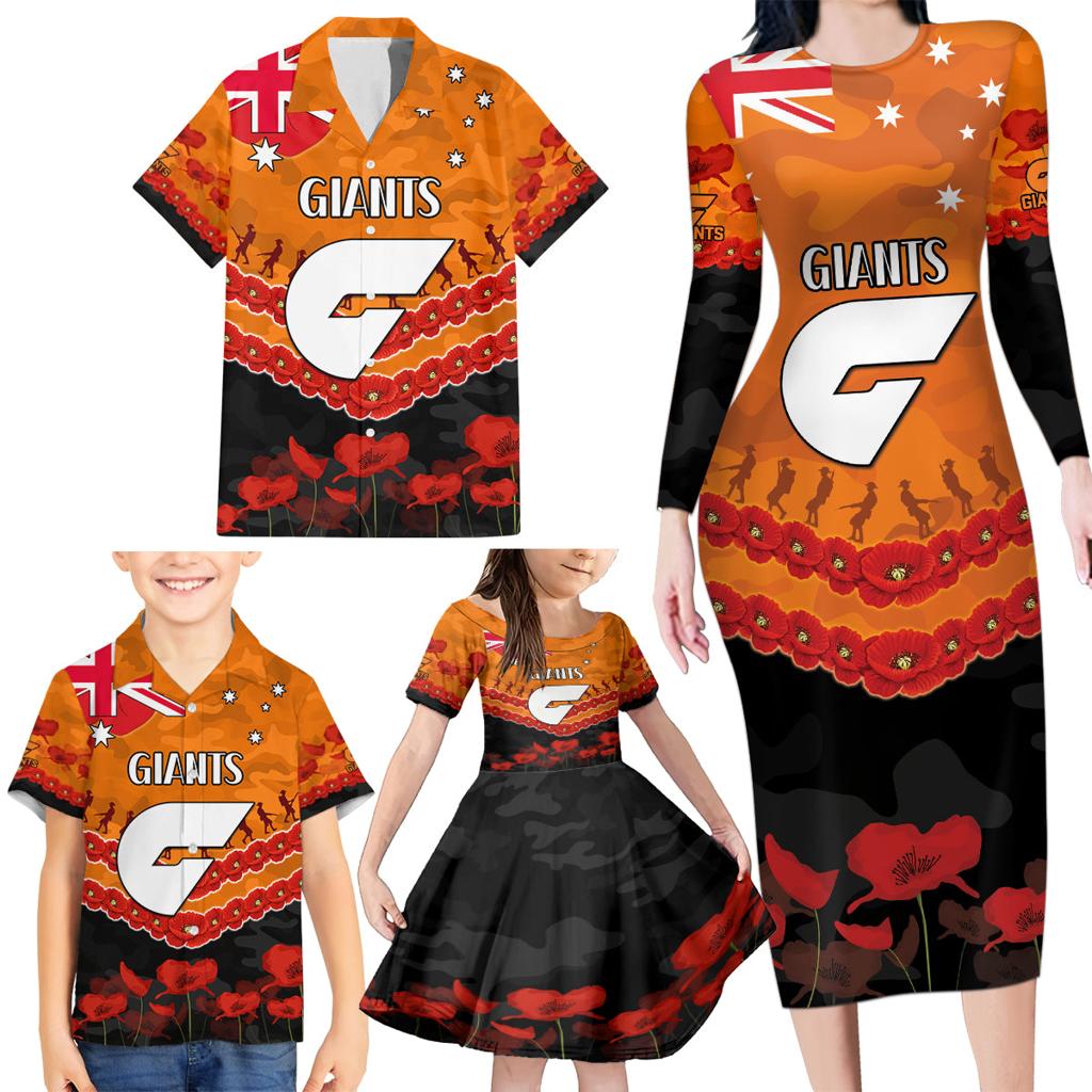 Custom Giants Football Family Matching Long Sleeve Bodycon Dress and Hawaiian Shirt ANZAC Lest We Forget