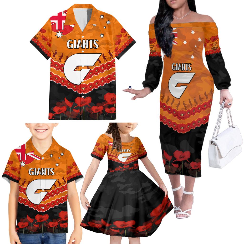 Custom Giants Football Family Matching Off The Shoulder Long Sleeve Dress and Hawaiian Shirt ANZAC Lest We Forget