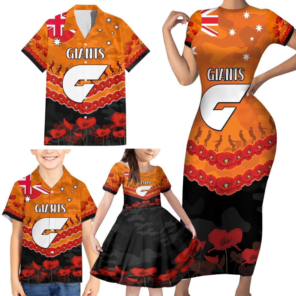Custom Giants Football Family Matching Short Sleeve Bodycon Dress and Hawaiian Shirt ANZAC Lest We Forget