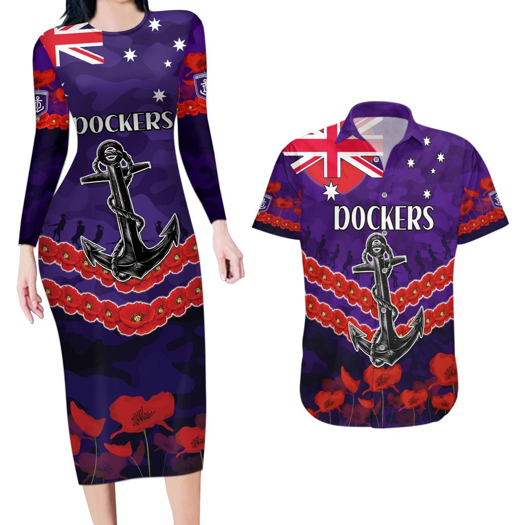 Custom Dockers Football Couples Matching Long Sleeve Bodycon Dress and Hawaiian Shirt ANZAC Lest We Forget