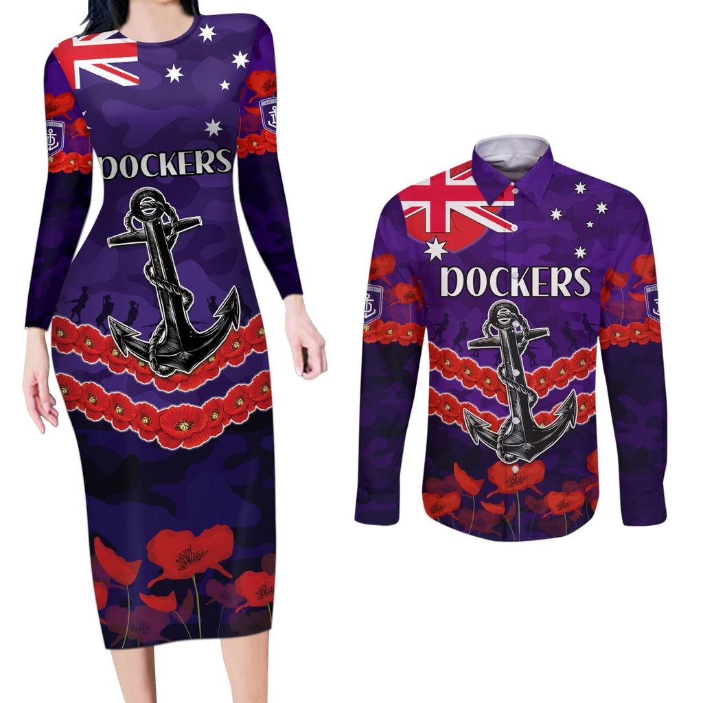 Custom Dockers Football Couples Matching Long Sleeve Bodycon Dress and Long Sleeve Button Shirt ANZAC Lest We Forget