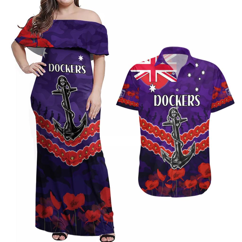Custom Dockers Football Couples Matching Off Shoulder Maxi Dress and Hawaiian Shirt ANZAC Lest We Forget