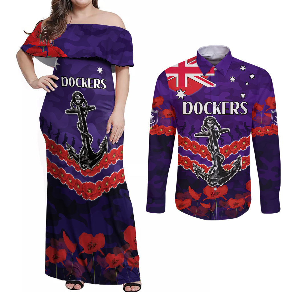 Custom Dockers Football Couples Matching Off Shoulder Maxi Dress and Long Sleeve Button Shirt ANZAC Lest We Forget