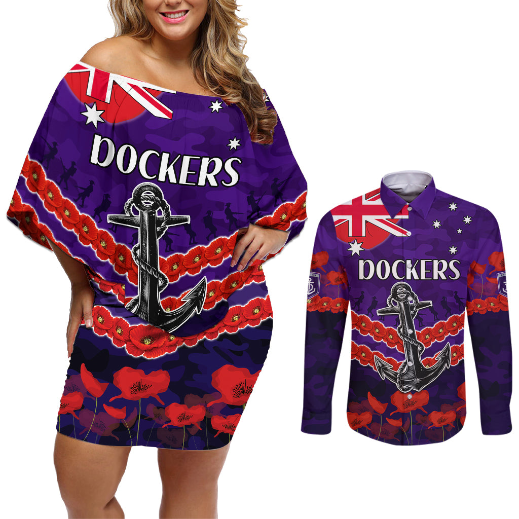 Custom Dockers Football Couples Matching Off Shoulder Short Dress and Long Sleeve Button Shirt ANZAC Lest We Forget