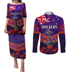 Custom Dockers Football Couples Matching Puletasi and Long Sleeve Button Shirt ANZAC Lest We Forget