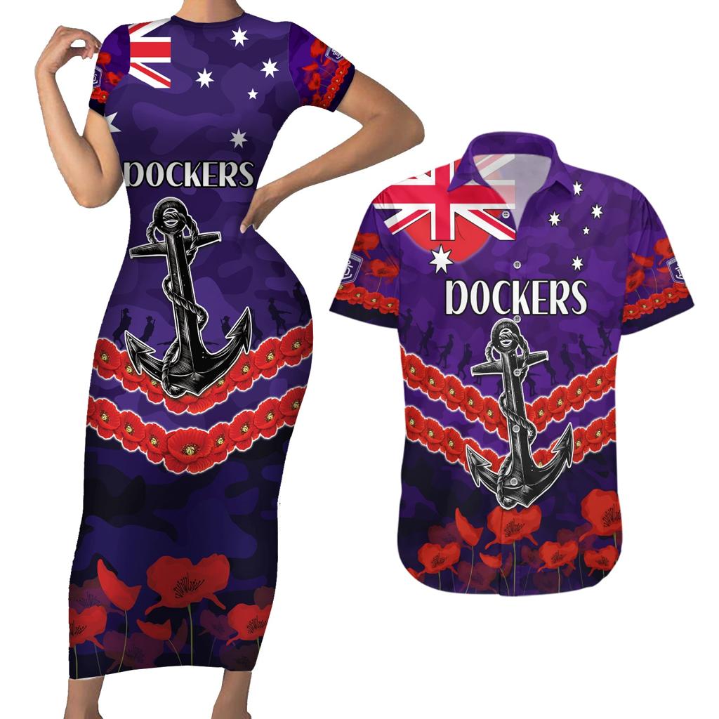 Custom Dockers Football Couples Matching Short Sleeve Bodycon Dress and Hawaiian Shirt ANZAC Lest We Forget