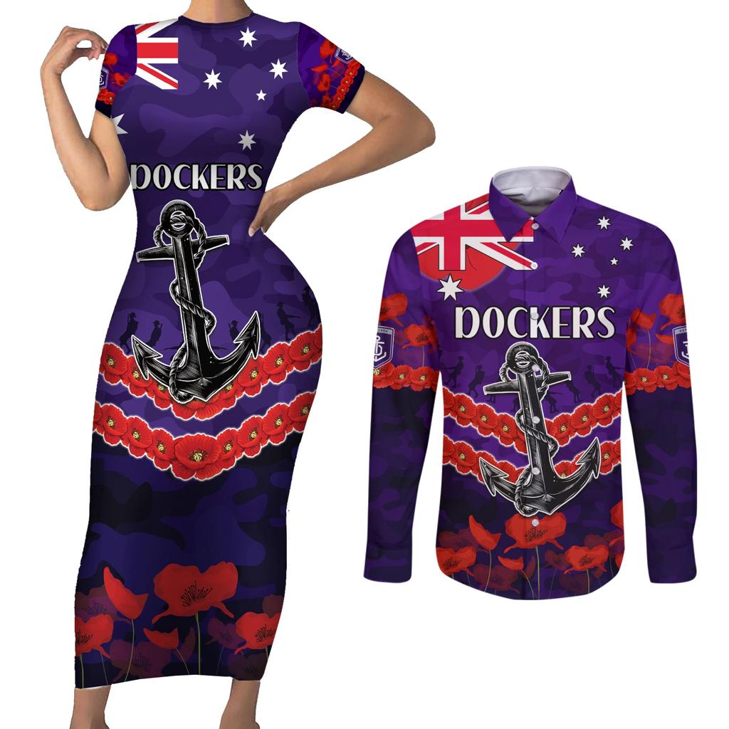 Custom Dockers Football Couples Matching Short Sleeve Bodycon Dress and Long Sleeve Button Shirt ANZAC Lest We Forget