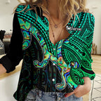 Aotearoa Maori Koru Women Casual Shirt Polynesian Pacific Tribal - Blue LT9