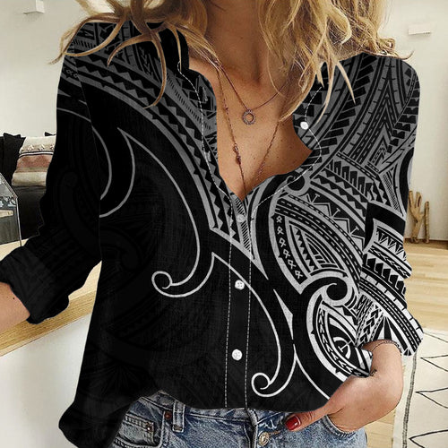 Aotearoa Maori Koru Women Casual Shirt Polynesian Pacific Tribal - Black LT9