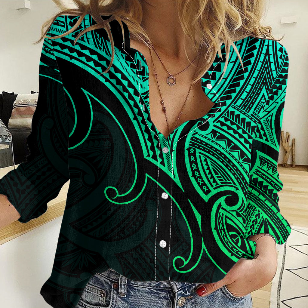 Aotearoa Maori Koru Women Casual Shirt Polynesian Pacific Tribal - Green LT9