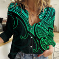 Aotearoa Maori Koru Women Casual Shirt Polynesian Pacific Tribal - Green LT9