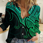 Custom Aotearoa Maori Koru Women Casual Shirt Polynesian Pacific Tribal - Green LT9