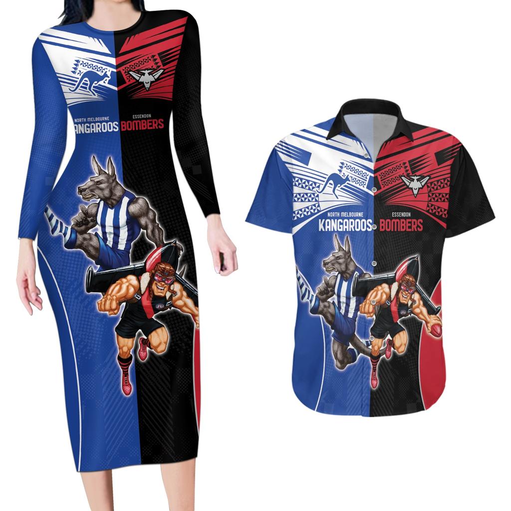 Custom Kangaroos and Bombers Couples Matching Long Sleeve Bodycon Dress and Hawaiian Shirt Together Sporty Style