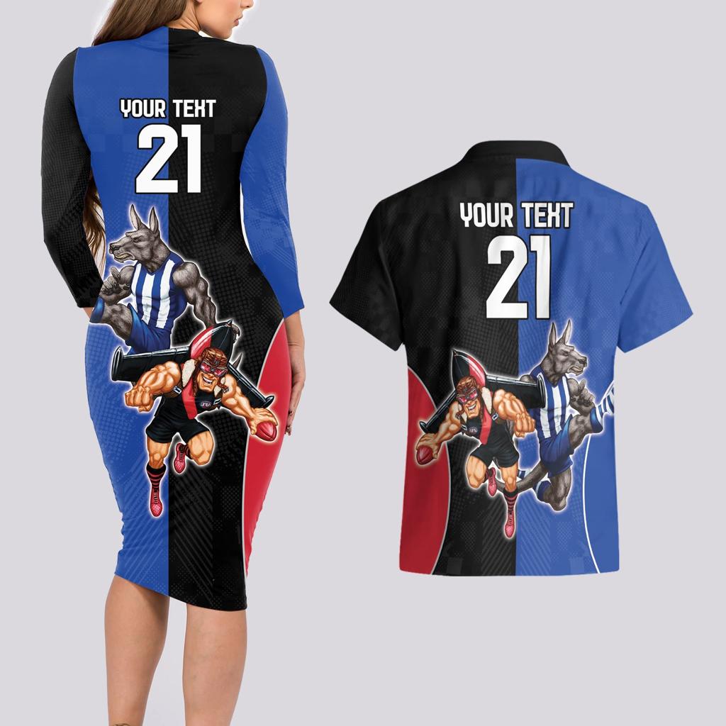 Custom Kangaroos and Bombers Couples Matching Long Sleeve Bodycon Dress and Hawaiian Shirt Together Sporty Style