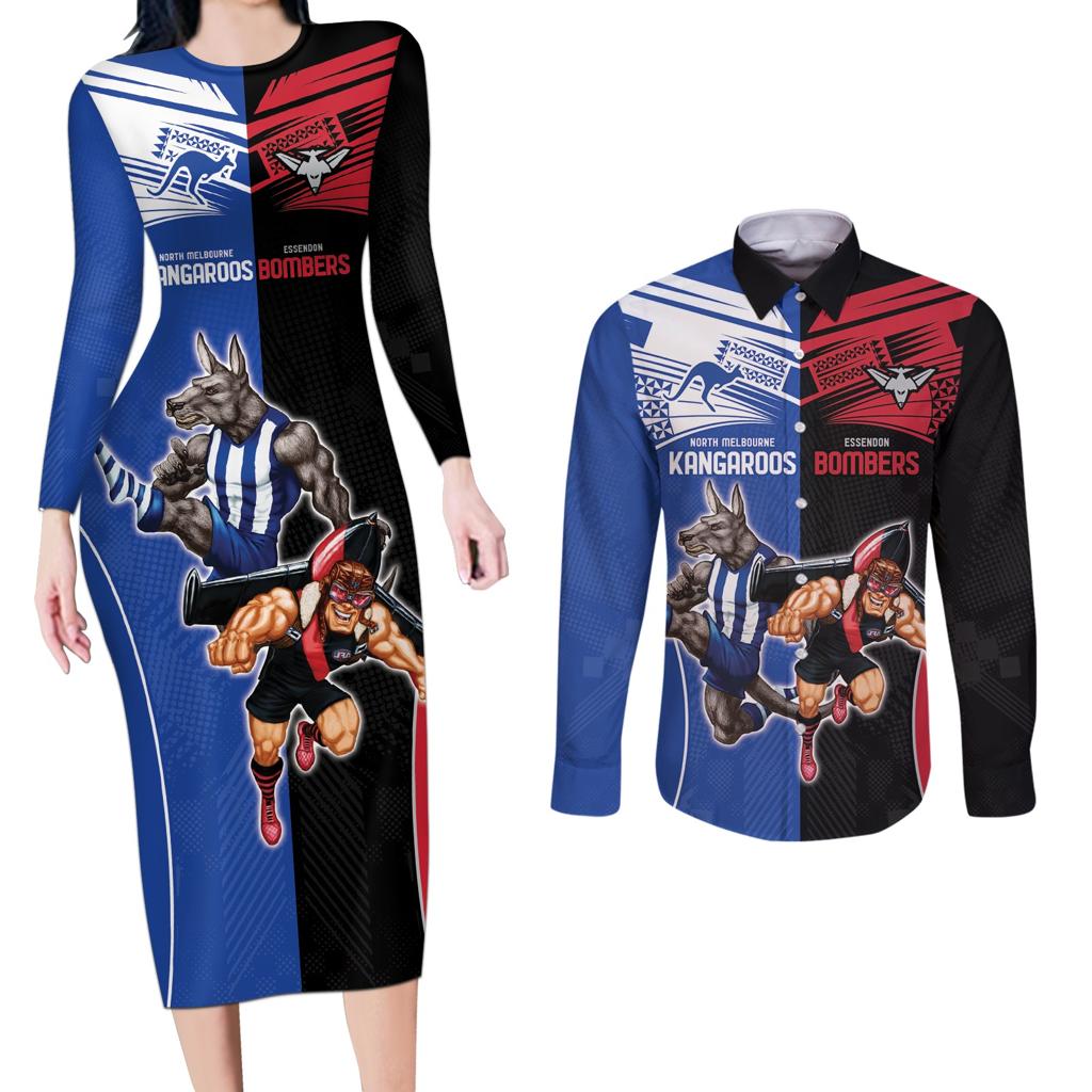 Custom Kangaroos and Bombers Couples Matching Long Sleeve Bodycon Dress and Long Sleeve Button Shirt Together Sporty Style