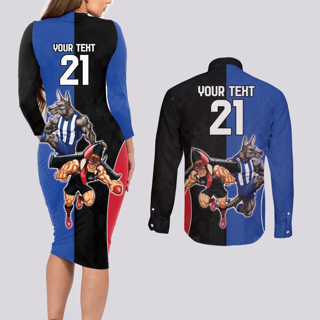 Custom Kangaroos and Bombers Couples Matching Long Sleeve Bodycon Dress and Long Sleeve Button Shirt Together Sporty Style