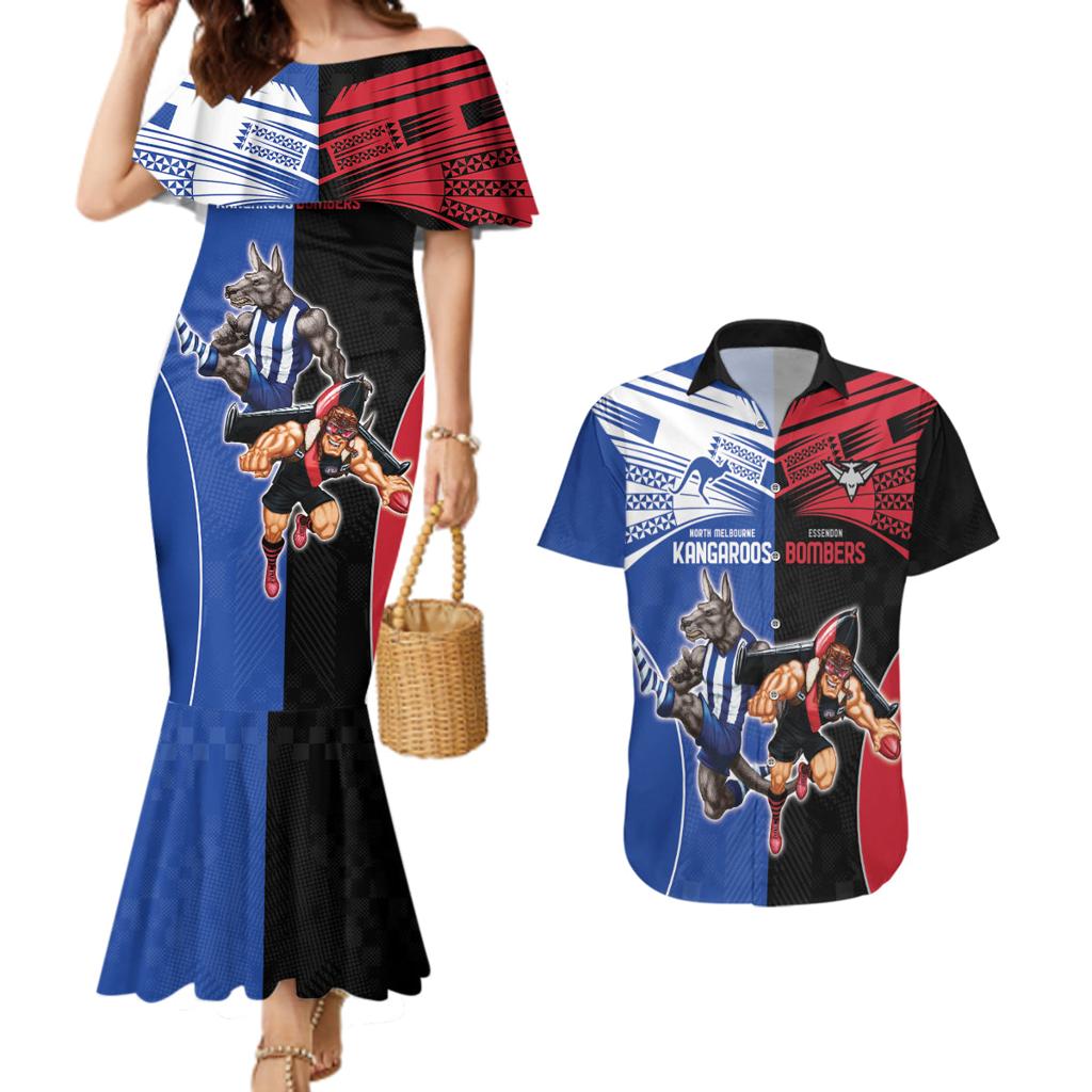 Custom Kangaroos and Bombers Couples Matching Mermaid Dress and Hawaiian Shirt Together Sporty Style