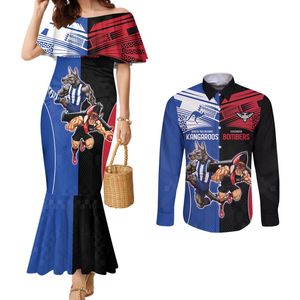 Custom Kangaroos and Bombers Couples Matching Mermaid Dress and Long Sleeve Button Shirt Together Sporty Style