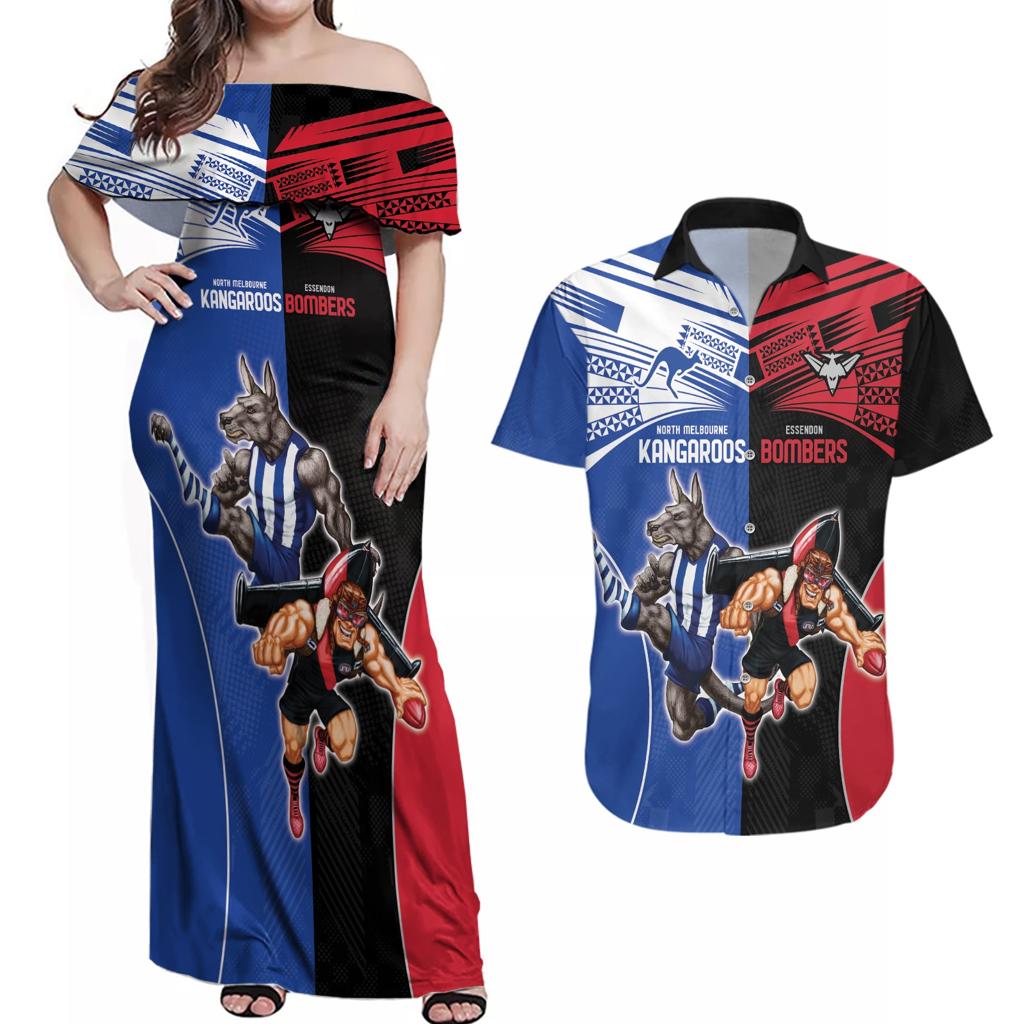 Custom Kangaroos and Bombers Couples Matching Off Shoulder Maxi Dress and Hawaiian Shirt Together Sporty Style