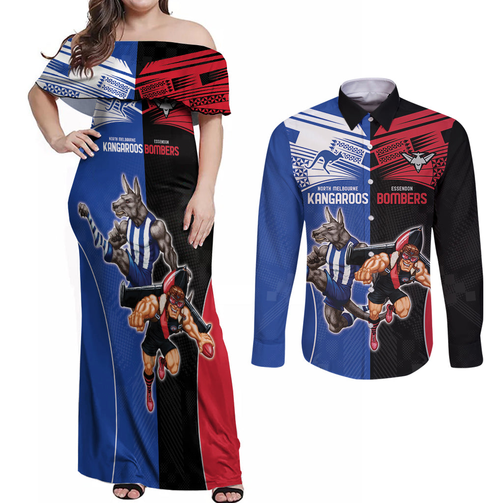 Custom Kangaroos and Bombers Couples Matching Off Shoulder Maxi Dress and Long Sleeve Button Shirt Together Sporty Style