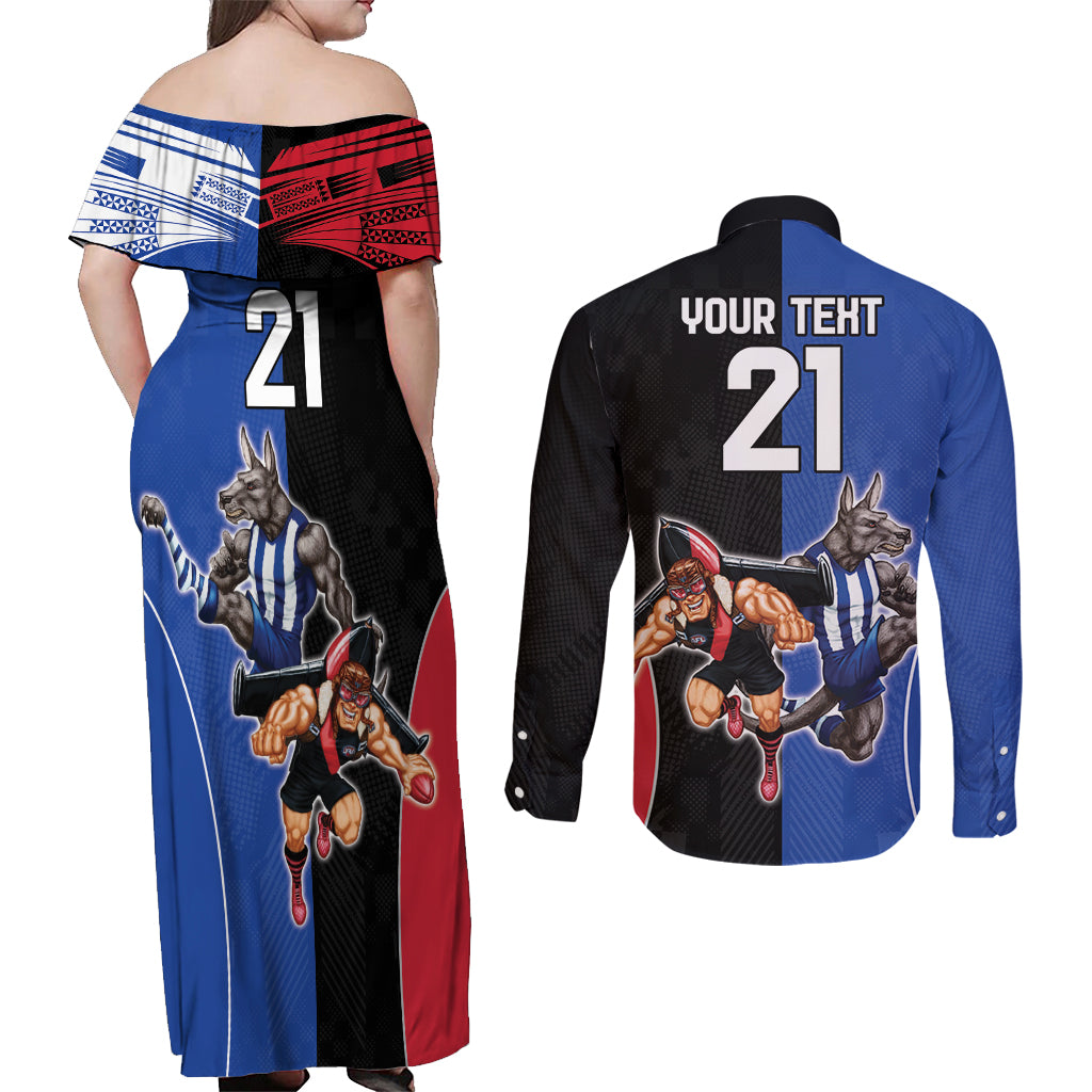 Custom Kangaroos and Bombers Couples Matching Off Shoulder Maxi Dress and Long Sleeve Button Shirt Together Sporty Style