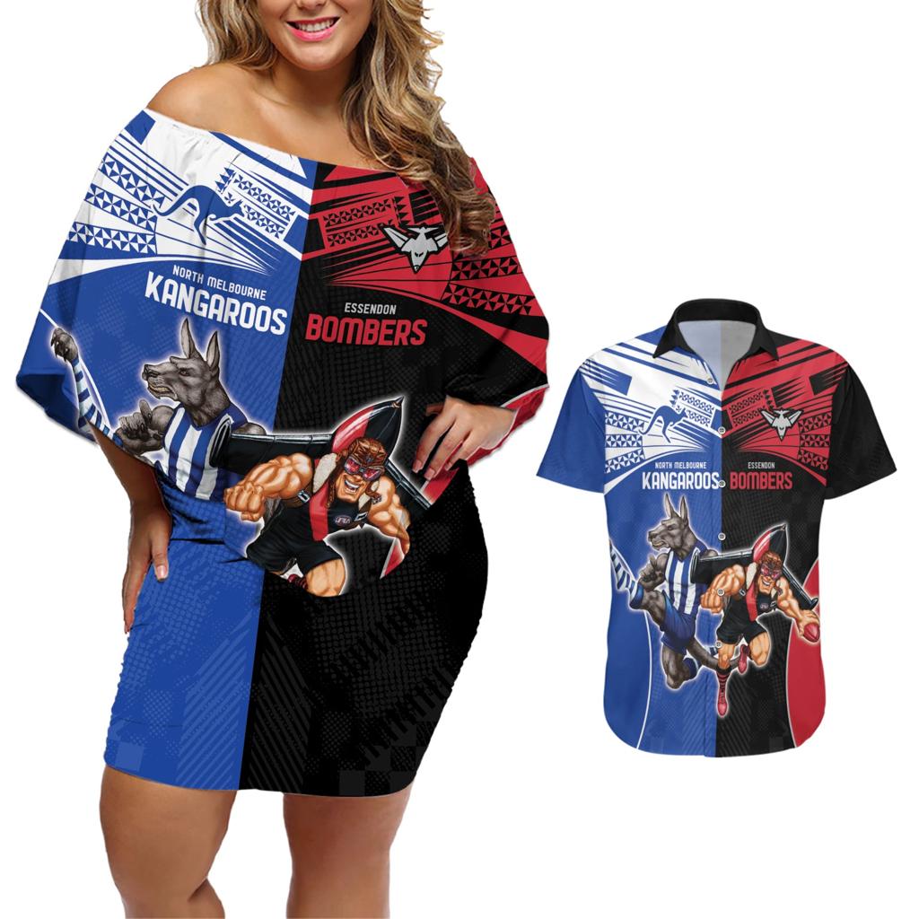 Custom Kangaroos and Bombers Couples Matching Off Shoulder Short Dress and Hawaiian Shirt Together Sporty Style
