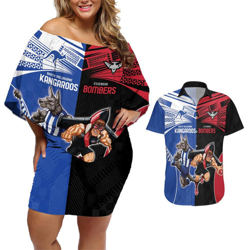 Custom Kangaroos and Bombers Couples Matching Off Shoulder Short Dress and Hawaiian Shirt Together Sporty Style
