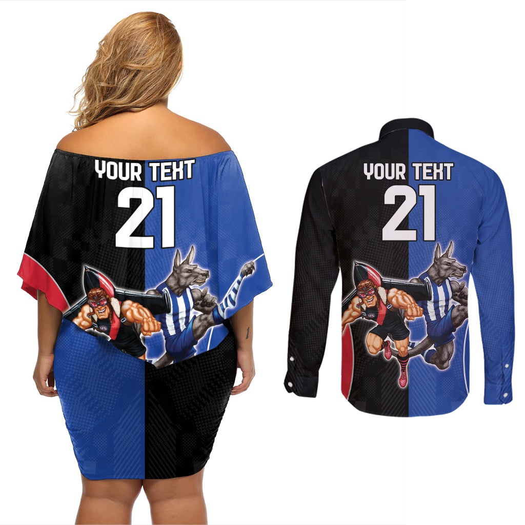 Custom Kangaroos and Bombers Couples Matching Off Shoulder Short Dress and Long Sleeve Button Shirt Together Sporty Style