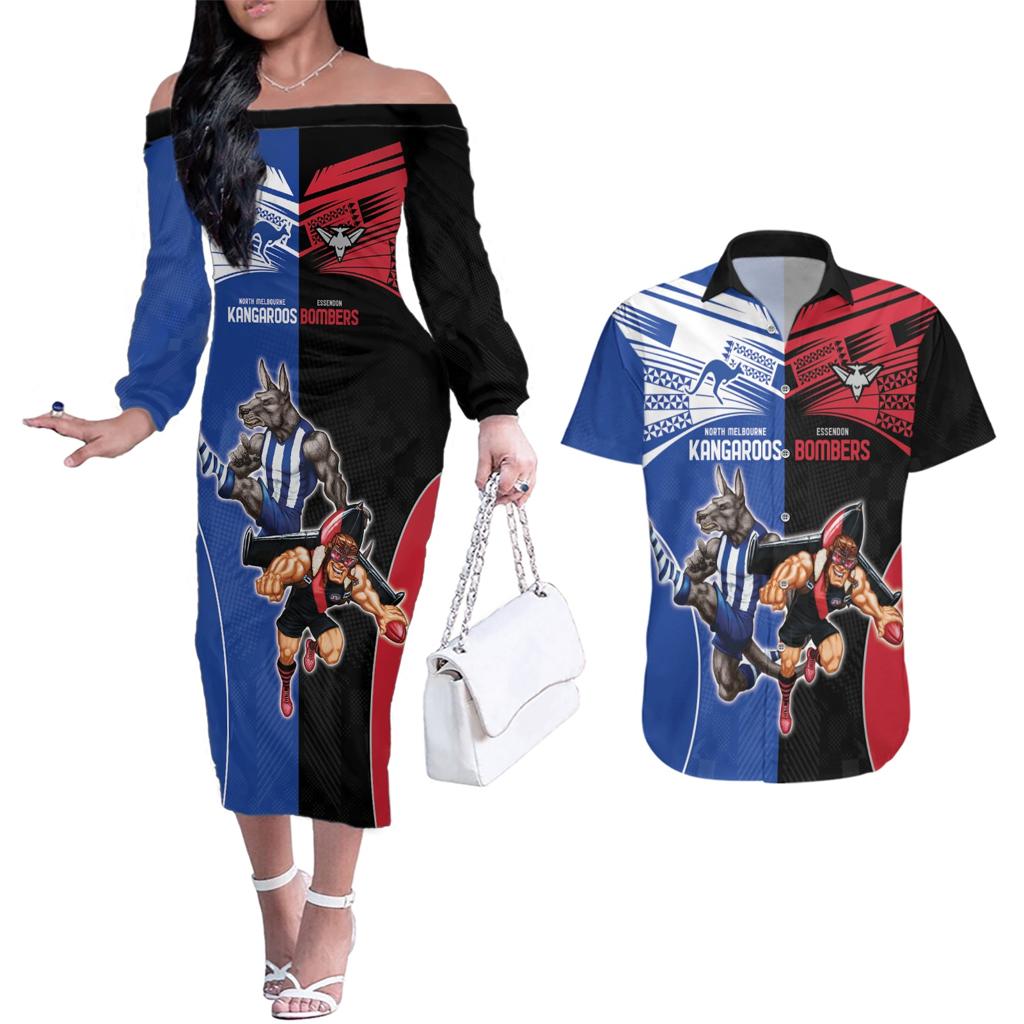 Custom Kangaroos and Bombers Couples Matching Off The Shoulder Long Sleeve Dress and Hawaiian Shirt Together Sporty Style