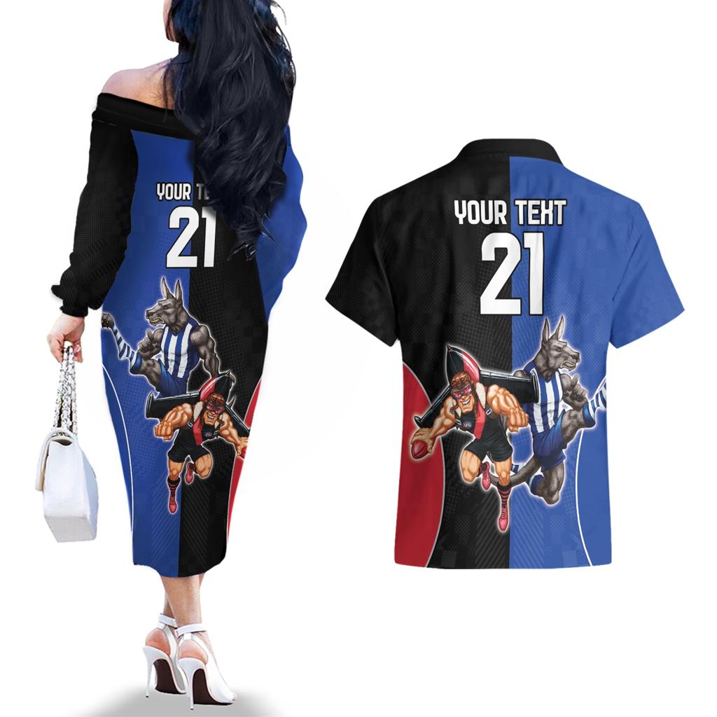 Custom Kangaroos and Bombers Couples Matching Off The Shoulder Long Sleeve Dress and Hawaiian Shirt Together Sporty Style