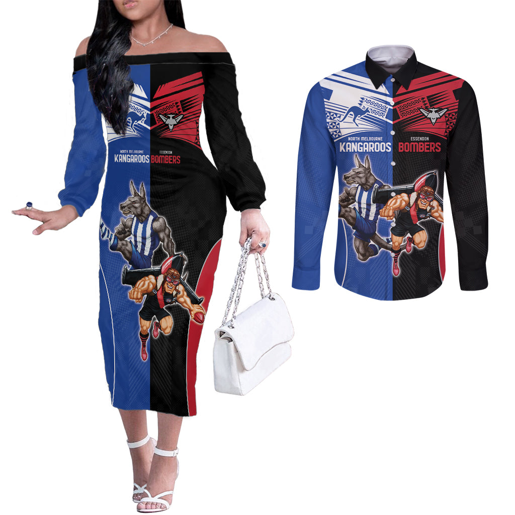 Custom Kangaroos and Bombers Couples Matching Off The Shoulder Long Sleeve Dress and Long Sleeve Button Shirt Together Sporty Style